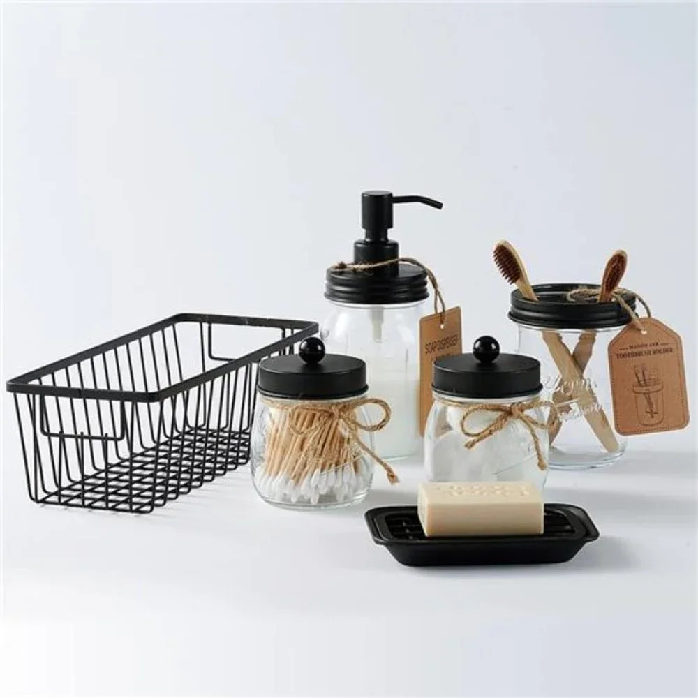 Premium Mason Jar Bathroom Accessories Set (6PCS) - Bathroom Storage
